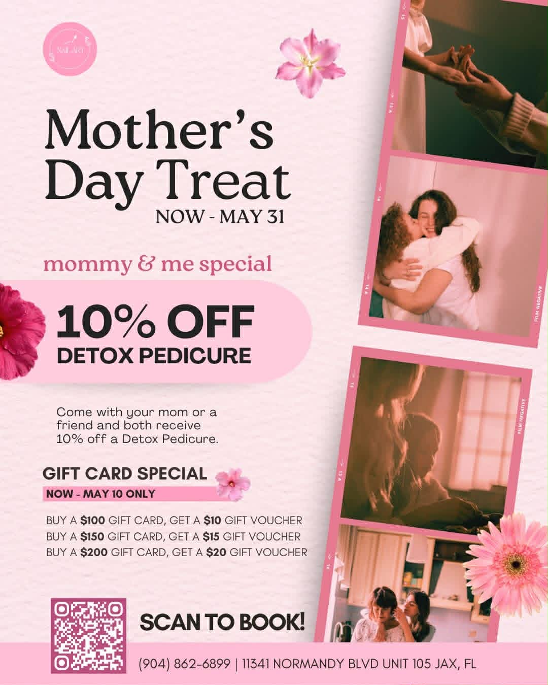 Mother's Day Treat — Mommy & Me Special: 10% off Detox Pedicure (now through May 31), plus Gift Card bonus voucher (now through May 10).