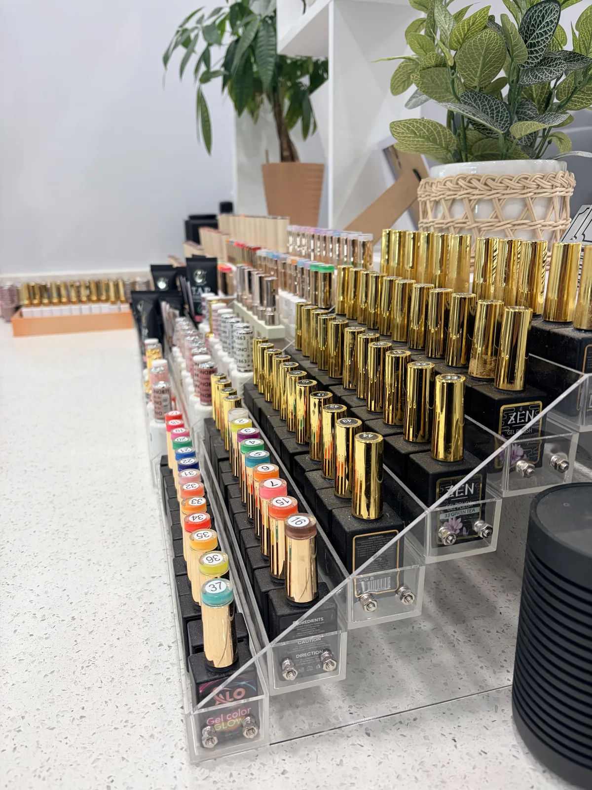 Rows of premium gel polishes on display